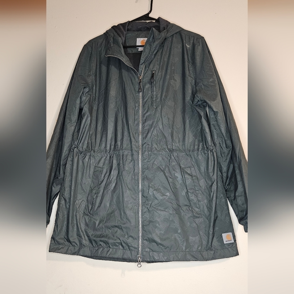 Carhartt Women’s Green Camo Windbreaker Rain Jacket Size L  Hooded & Mesh Lined